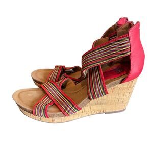 Sofft Women’s Cary Leather Strappy Striped Wedge Sandal-Red, Size 7.5 M